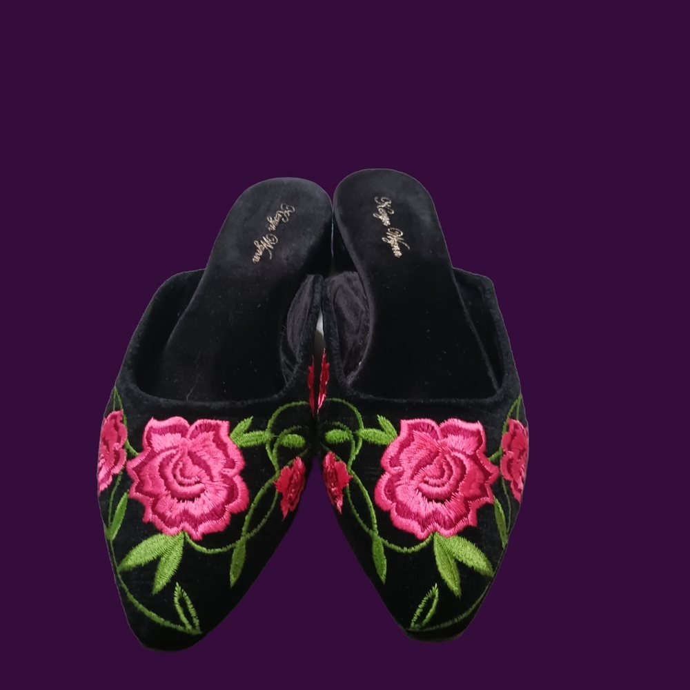 Elegant Pink and Black Floral Mules